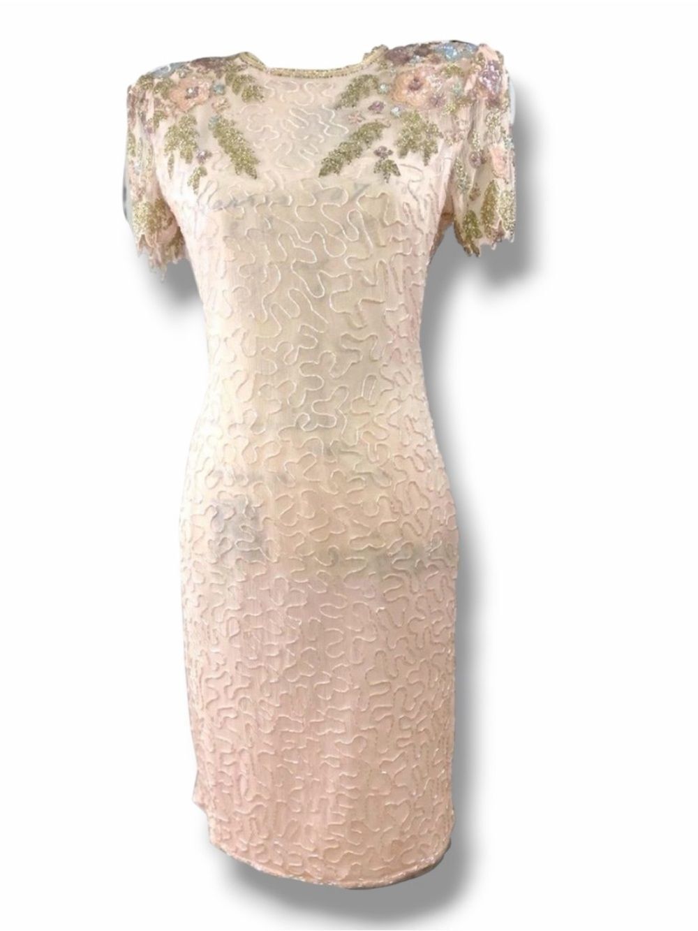 Pink Blush Silk Beaded Sequin Sheath Cocktail Dress Scala S NWT